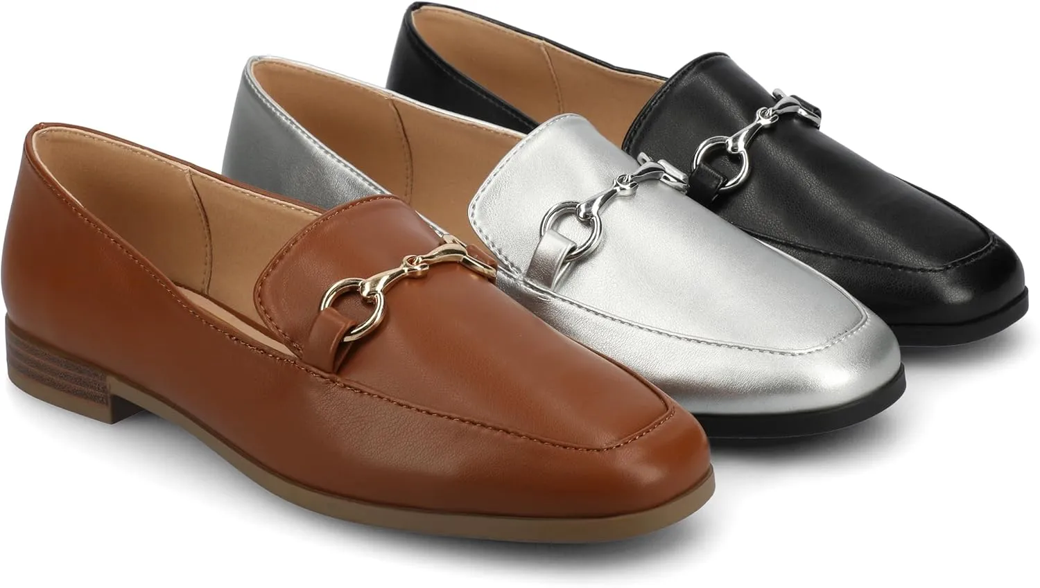 Journee Womens cushioned footbeds Lacie Slip On Loafer square toe hardware detail faux leather flat sole