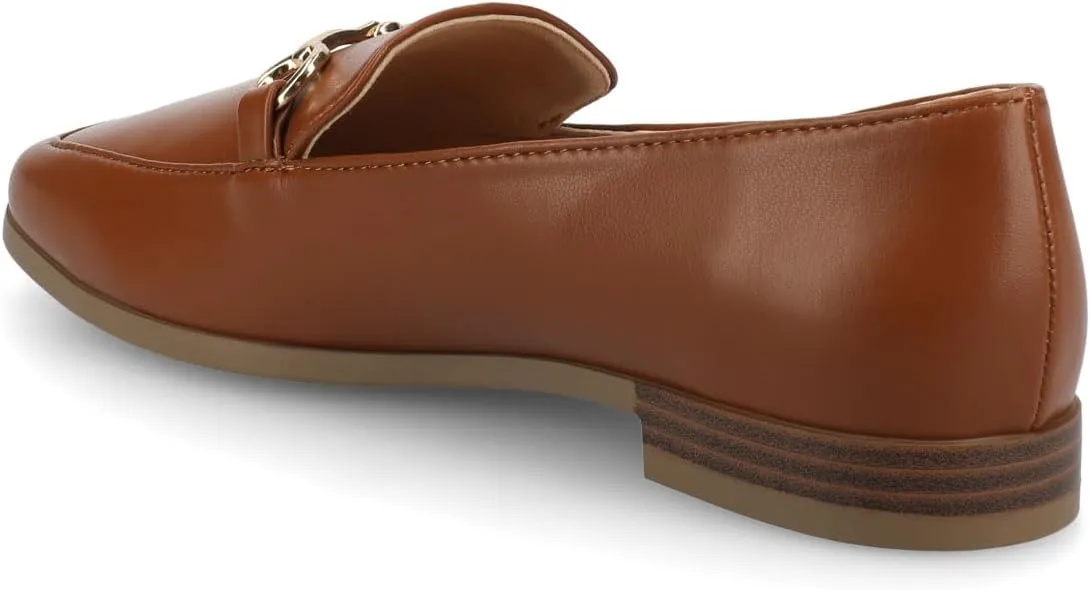 Journee Womens cushioned footbeds Lacie Slip On Loafer square toe hardware detail faux leather flat sole