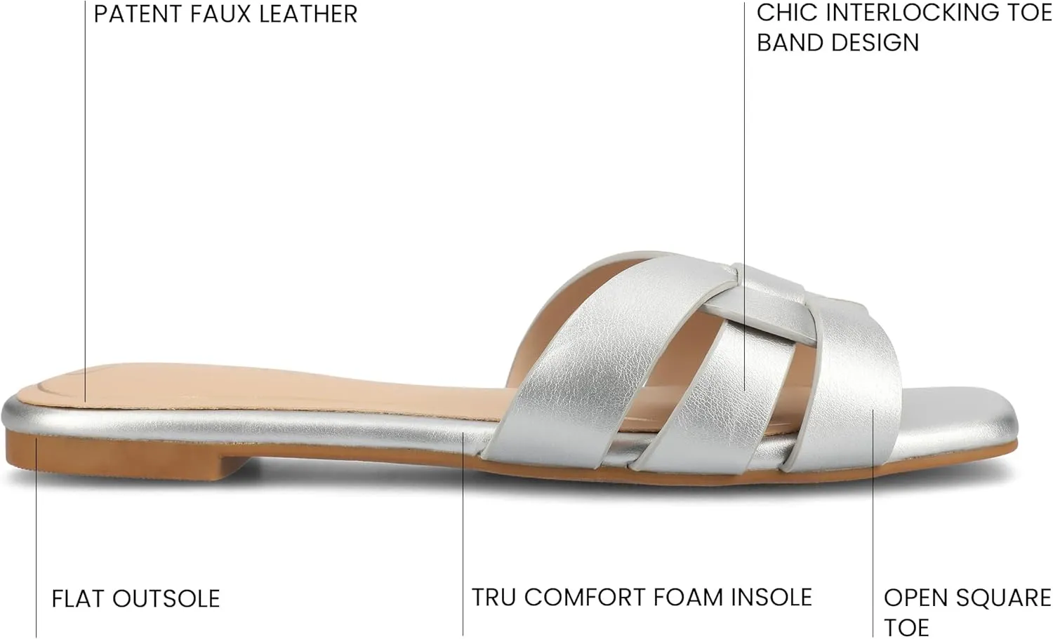 Journee Womens Flat Open Square Toe Fashion Banded Sandal Comfortable Dressy Slip On Arrina Slide