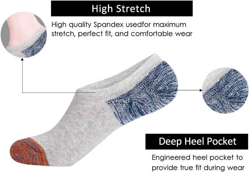 JOYNÉE Men's 6 Pack Casual Cushion Anti-Slid Cotton No Show Socks with Silicone