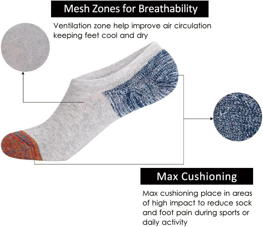 JOYNÉE Men's 6 Pack Casual Cushion Anti-Slid Cotton No Show Socks with Silicone