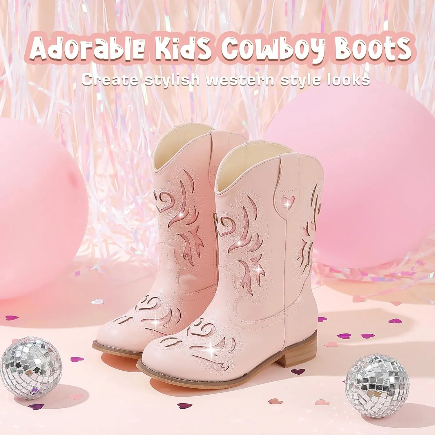 Kids Cowboy Boots Western Square Toe Glitter Toddler Girls Cowgirl Boot Mid Calf Little Kid/Big Kid Party Birthday Riding Shoes