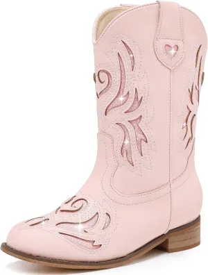 Kids Cowboy Boots Western Square Toe Glitter Toddler Girls Cowgirl Boot Mid Calf Little Kid/Big Kid Party Birthday Riding Shoes