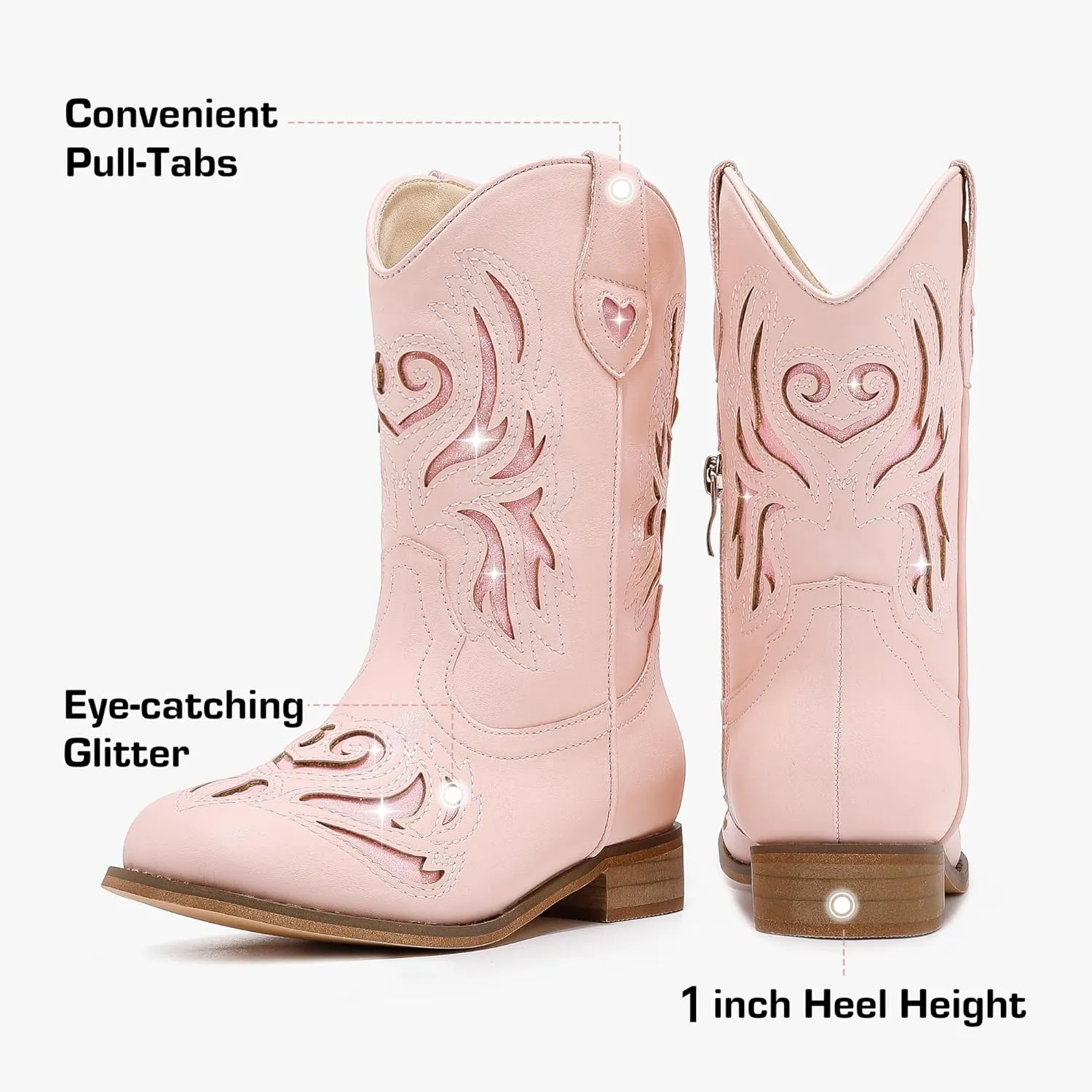 Kids Cowboy Boots Western Square Toe Glitter Toddler Girls Cowgirl Boot Mid Calf Little Kid/Big Kid Party Birthday Riding Shoes