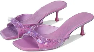 Kitten Heel Sandals for Women Sequin Comfortable Open Square Toe Slip On Slide Shoes Elegant Dressy Low Heel Slippers