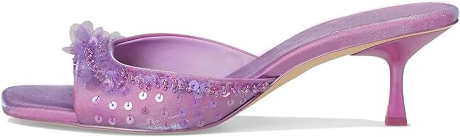 Kitten Heel Sandals for Women Sequin Comfortable Open Square Toe Slip On Slide Shoes Elegant Dressy Low Heel Slippers