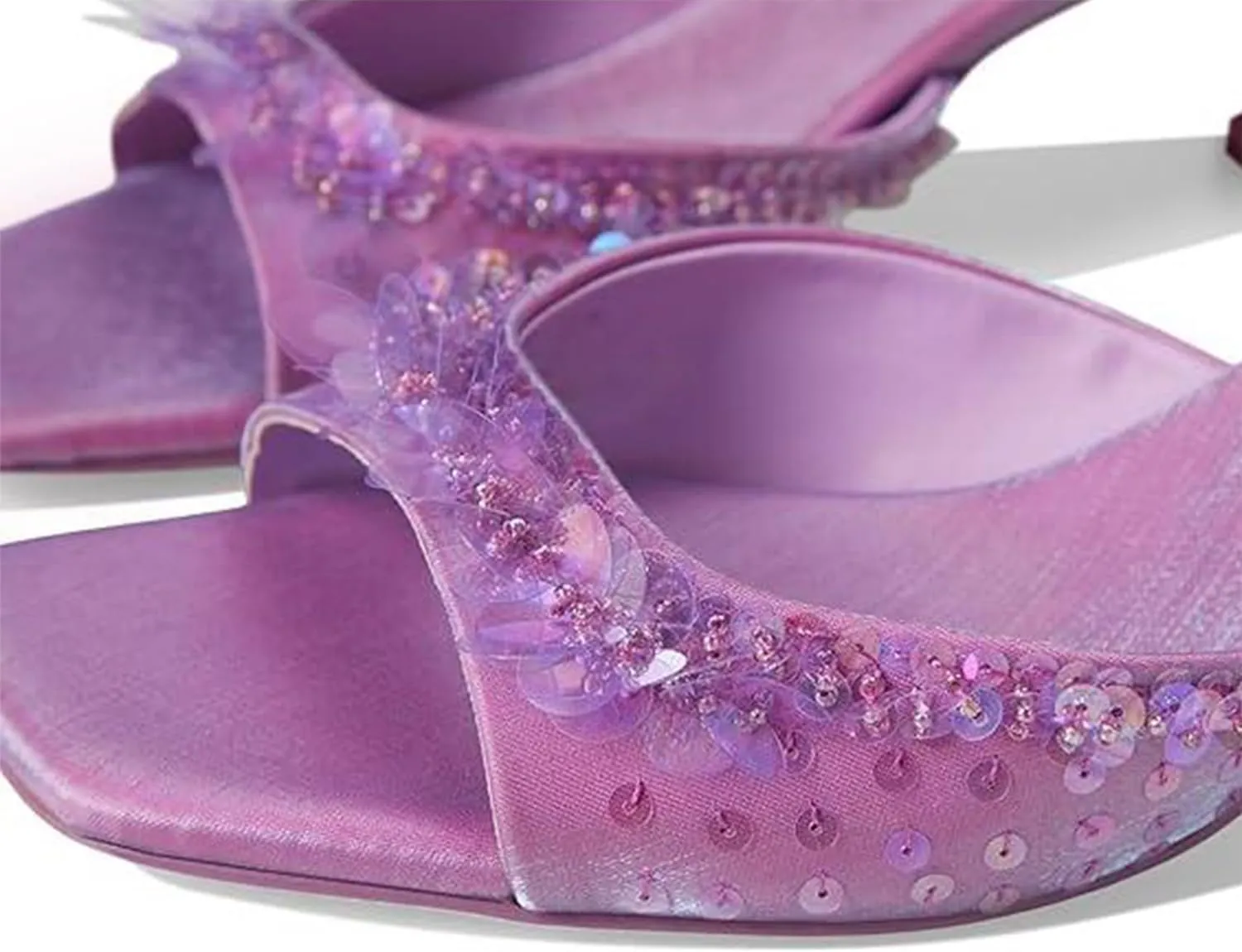 Kitten Heel Sandals for Women Sequin Comfortable Open Square Toe Slip On Slide Shoes Elegant Dressy Low Heel Slippers