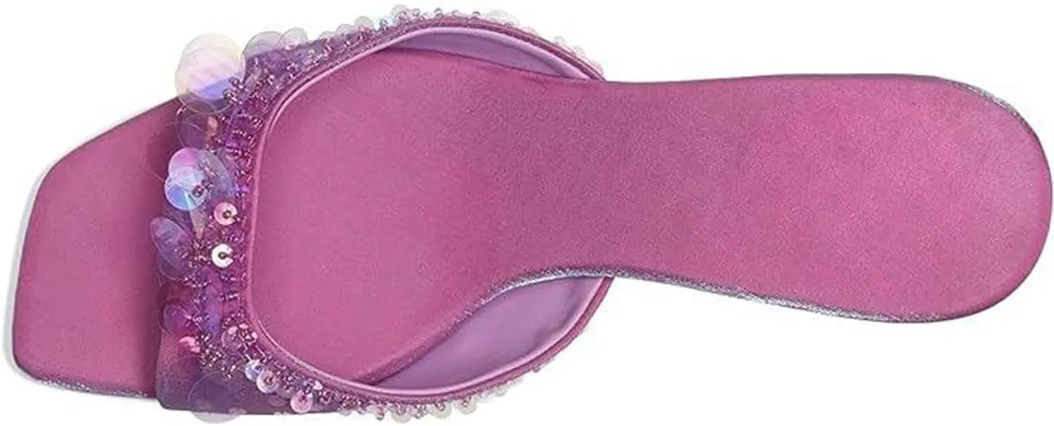 Kitten Heel Sandals for Women Sequin Comfortable Open Square Toe Slip On Slide Shoes Elegant Dressy Low Heel Slippers