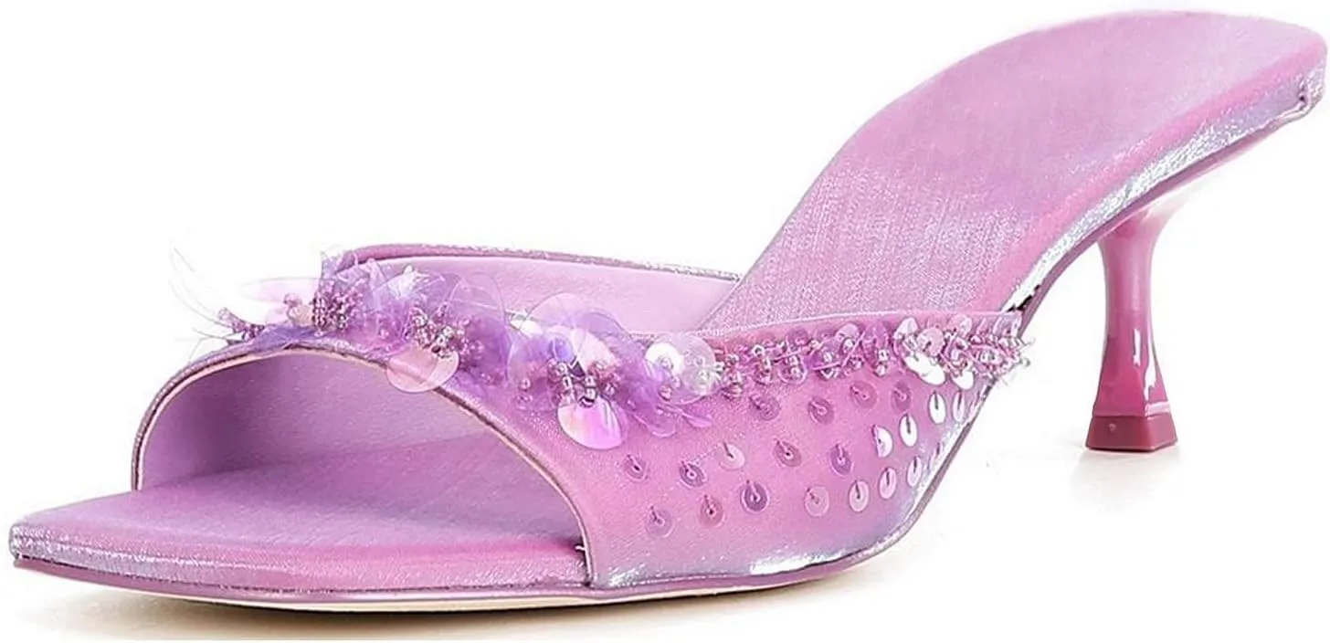 Kitten Heel Sandals for Women Sequin Comfortable Open Square Toe Slip On Slide Shoes Elegant Dressy Low Heel Slippers