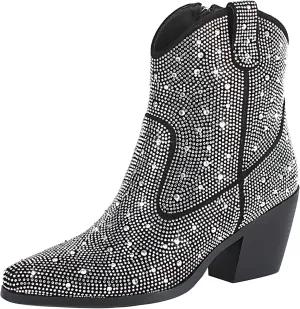 KiutSymo Women's Sparkly Ankle Boots Rhinestone Glitter Booties Pointed Toe Chunky Low Heel Cowboy Boots