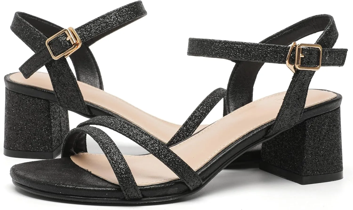 kkdom Women's Open Toe Ankle Strap Glitter Sandals Pumps Low Block Chunky Heels Wedding Dress Shoes