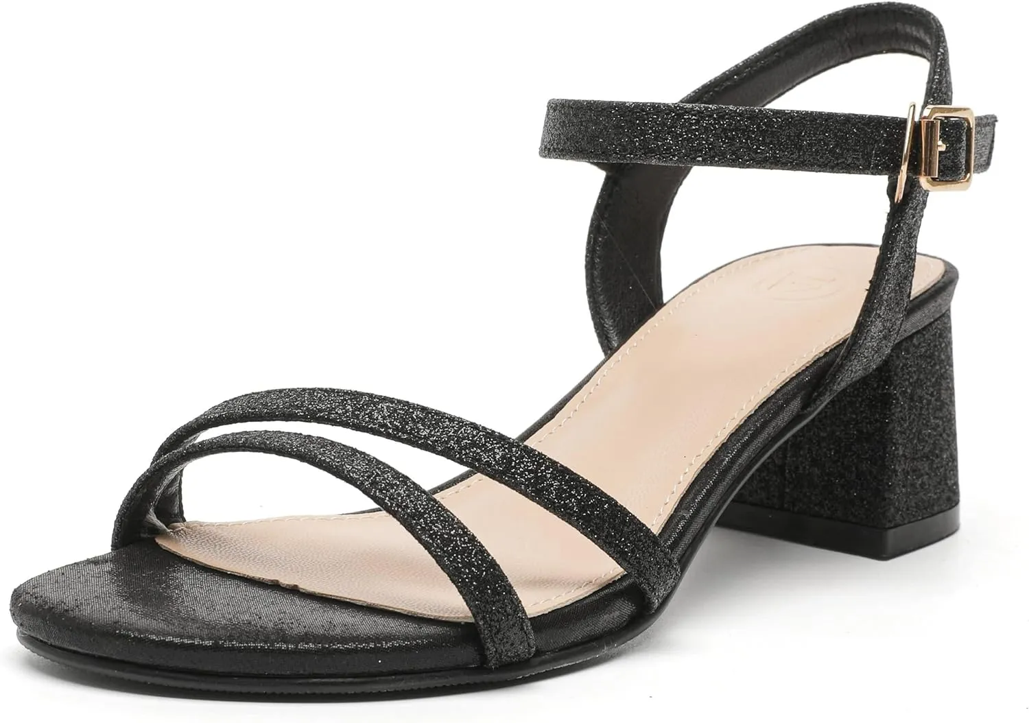 kkdom Women's Open Toe Ankle Strap Glitter Sandals Pumps Low Block Chunky Heels Wedding Dress Shoes