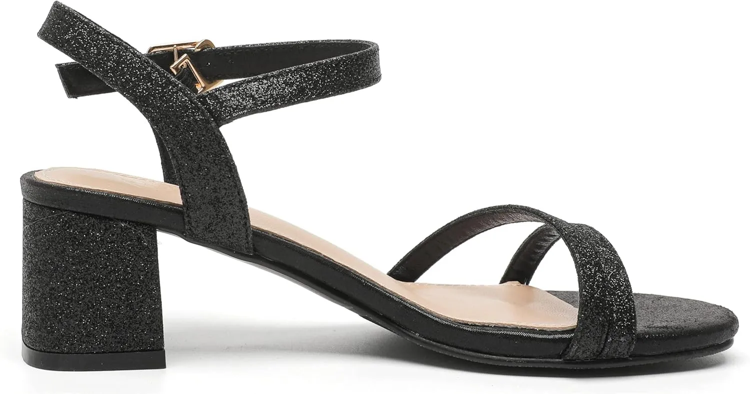 kkdom Women's Open Toe Ankle Strap Glitter Sandals Pumps Low Block Chunky Heels Wedding Dress Shoes
