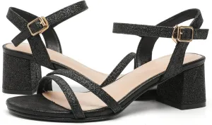 kkdom Women's Open Toe Ankle Strap Glitter Sandals Pumps Low Block Chunky Heels Wedding Dress Shoes