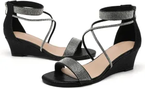 kkdom Women's Open Toe Ankle Strap Zipper Glitter Bling Sandals Pumps Low Block Chunky Heels Dress Sparkle Shoes
