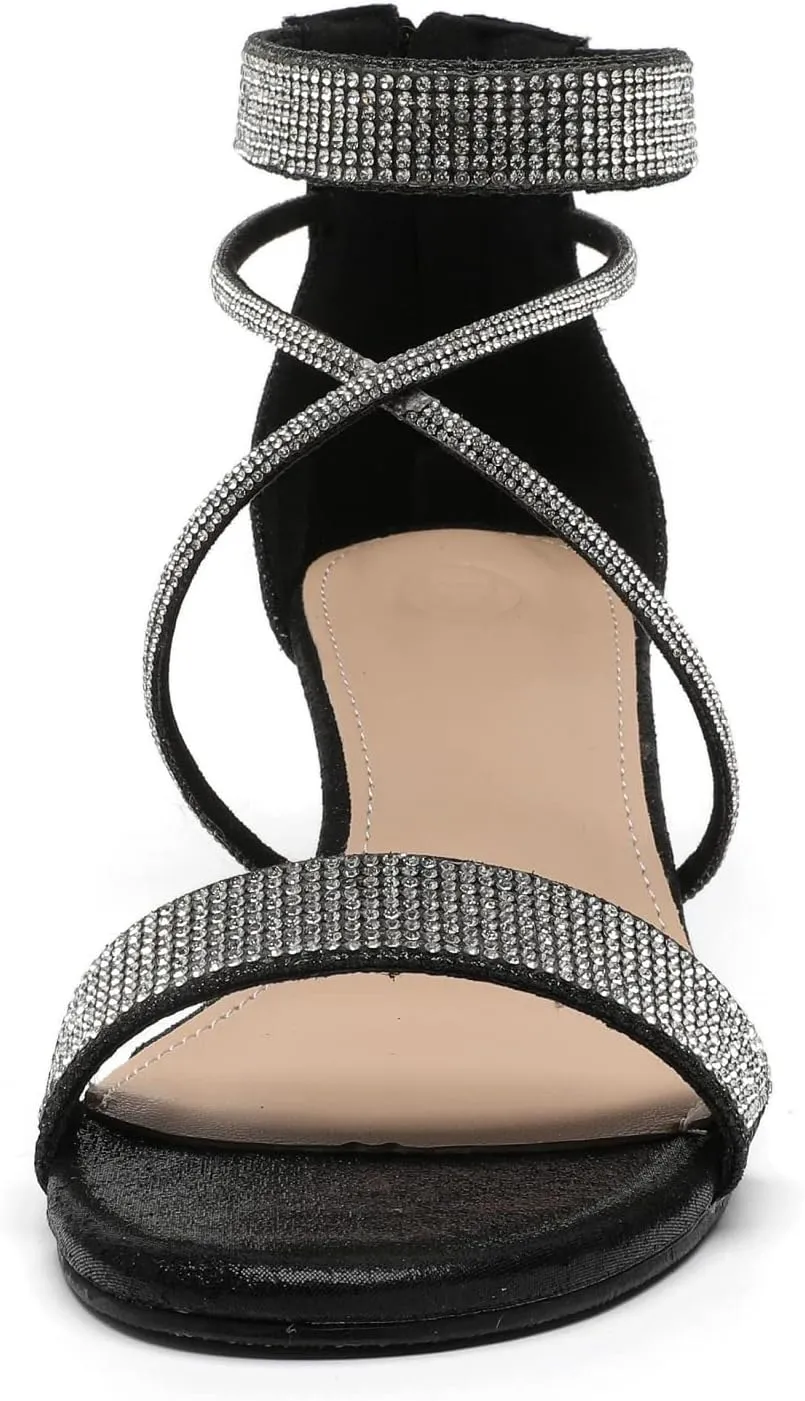 kkdom Women's Open Toe Ankle Strap Zipper Glitter Bling Sandals Pumps Low Block Chunky Heels Dress Sparkle Shoes