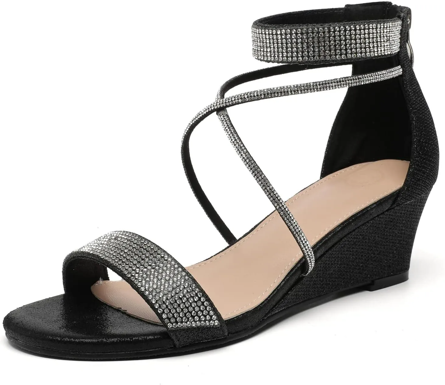 kkdom Women's Open Toe Ankle Strap Zipper Glitter Bling Sandals Pumps Low Block Chunky Heels Dress Sparkle Shoes