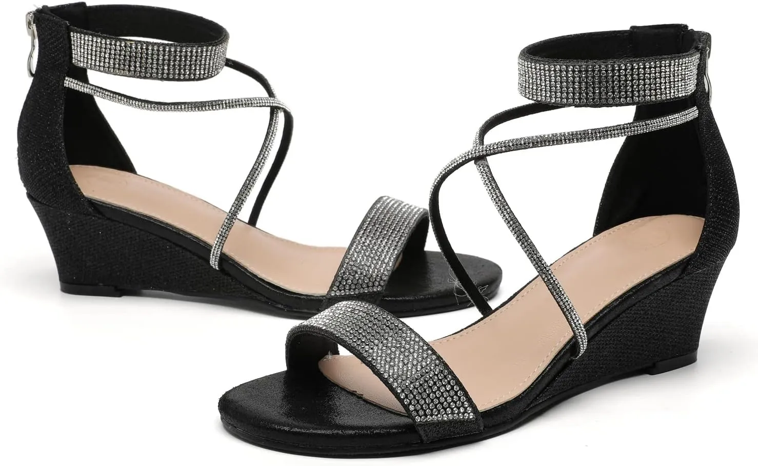 kkdom Women's Open Toe Ankle Strap Zipper Glitter Bling Sandals Pumps Low Block Chunky Heels Dress Sparkle Shoes