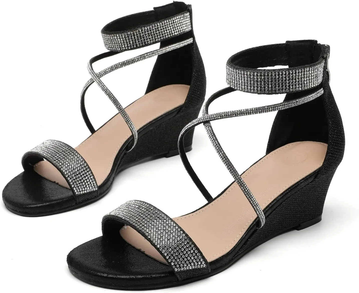 kkdom Women's Open Toe Ankle Strap Zipper Glitter Bling Sandals Pumps Low Block Chunky Heels Dress Sparkle Shoes