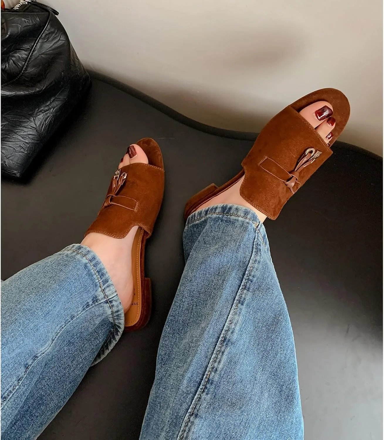 Kluolandi Cute Slides for Women Dressy Comfortable Slip On Open Toe Flat Slide Sandals Suede Leather Slide Slippers