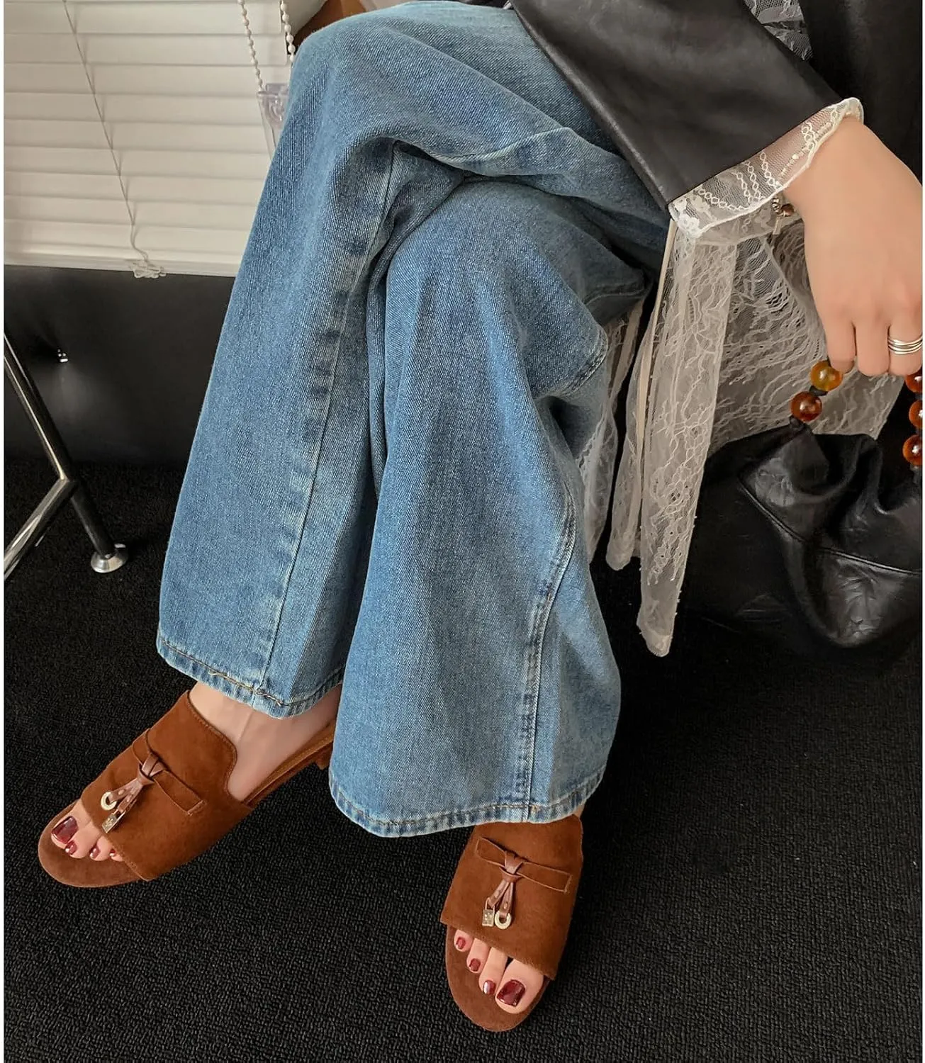 Kluolandi Cute Slides for Women Dressy Comfortable Slip On Open Toe Flat Slide Sandals Suede Leather Slide Slippers