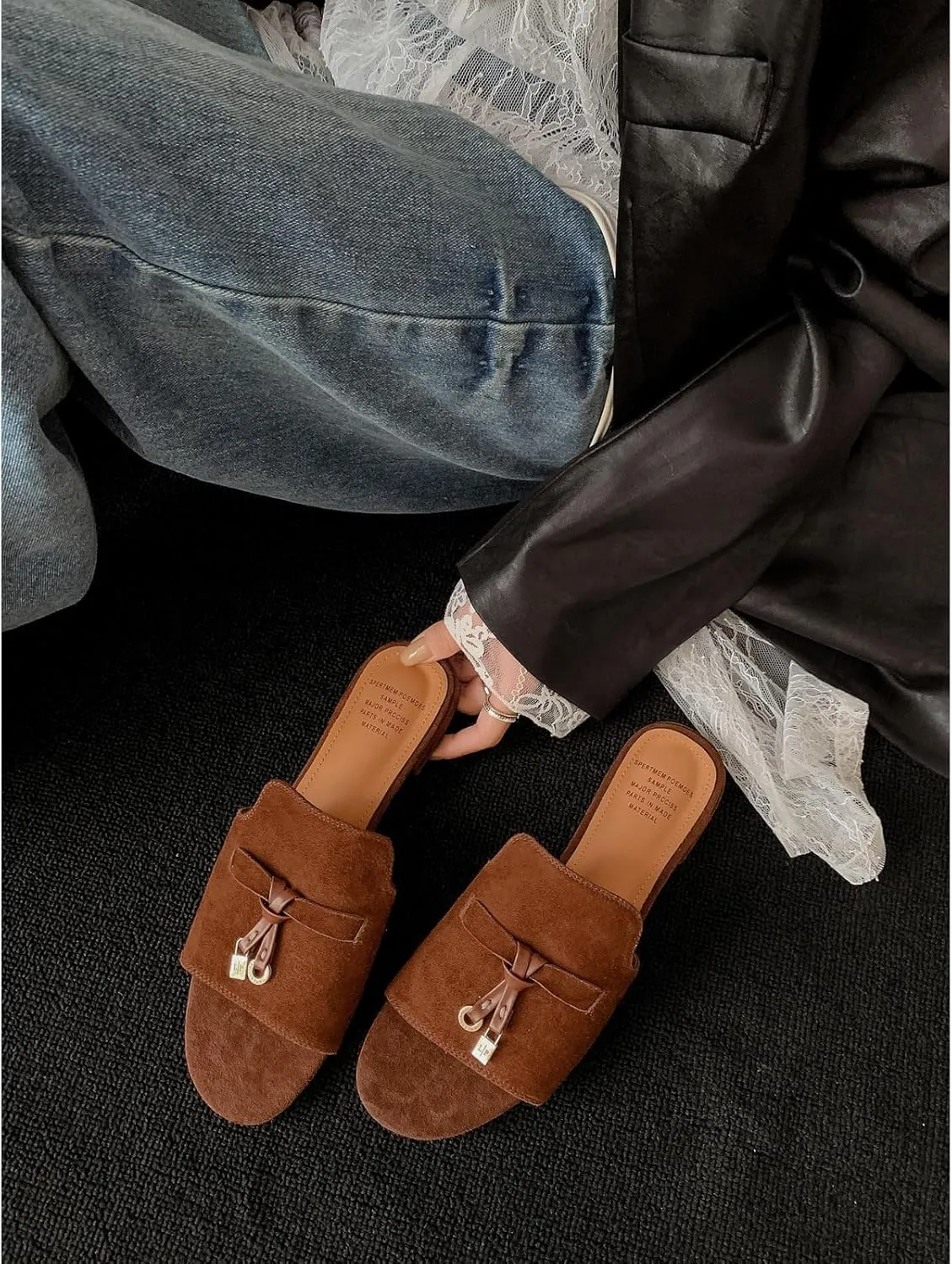 Kluolandi Cute Slides for Women Dressy Comfortable Slip On Open Toe Flat Slide Sandals Suede Leather Slide Slippers