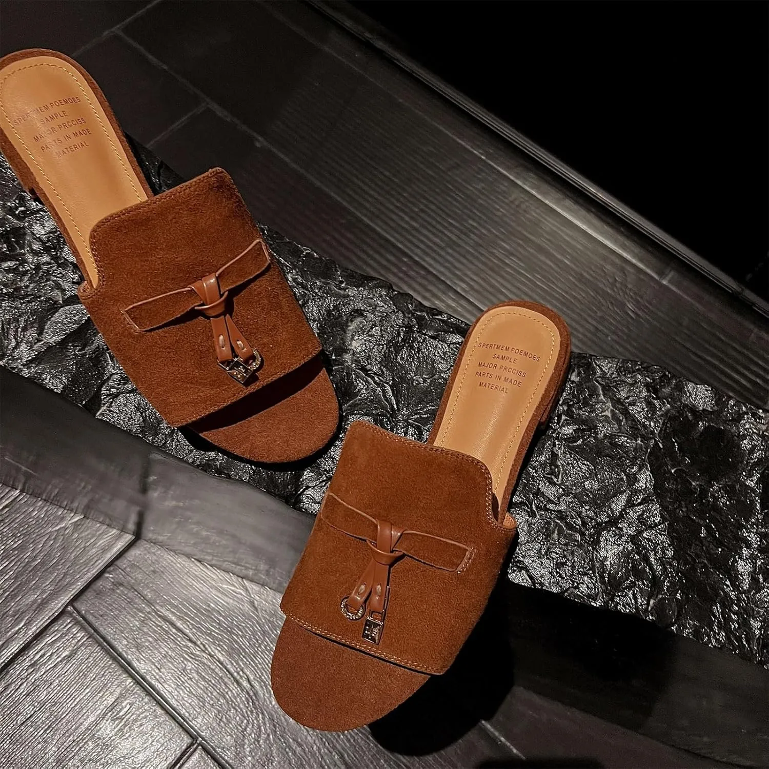 Kluolandi Cute Slides for Women Dressy Comfortable Slip On Open Toe Flat Slide Sandals Suede Leather Slide Slippers