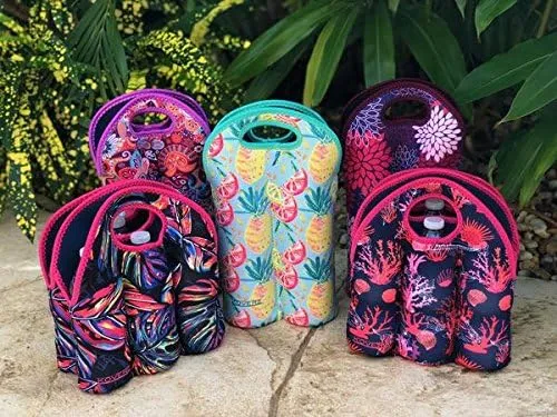 Koverz - #1 Neoprene Wine Carrier, Wine Tote, Double Bottle Carrier, 2-Bottle Wine/Water Bottle Carrier, Wine Bag - Tropics