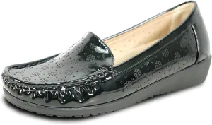 KOZI Women Comfort Casual Wedge Shoe Slip-On Loafer ML Collection Round Toe Penny Loafer Removable Insole Black Champagne