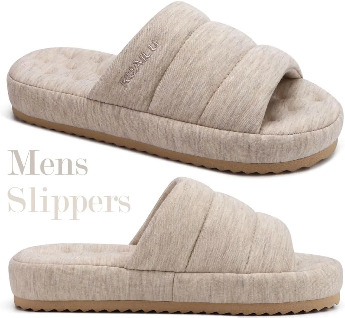 KuaiLu Men's Fashion Quilted Cotton-blend Fabric Sandal Slippers Cozy Memory Foam Indoor/Outdoor House Shoes with Lightweight Soft Cushion Footbed Hard Rubber Sole