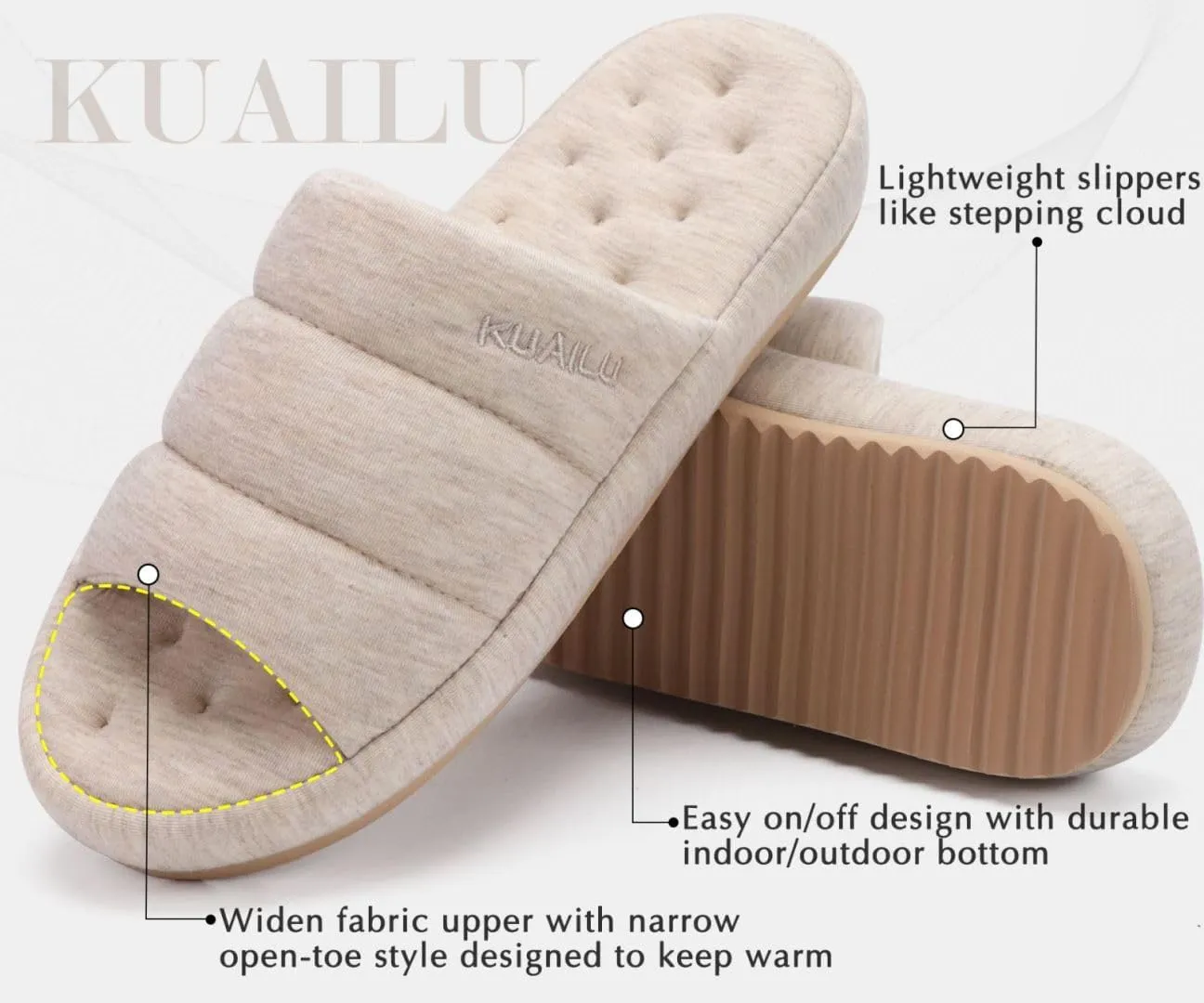 KuaiLu Men's Fashion Quilted Cotton-blend Fabric Sandal Slippers Cozy Memory Foam Indoor/Outdoor House Shoes with Lightweight Soft Cushion Footbed Hard Rubber Sole