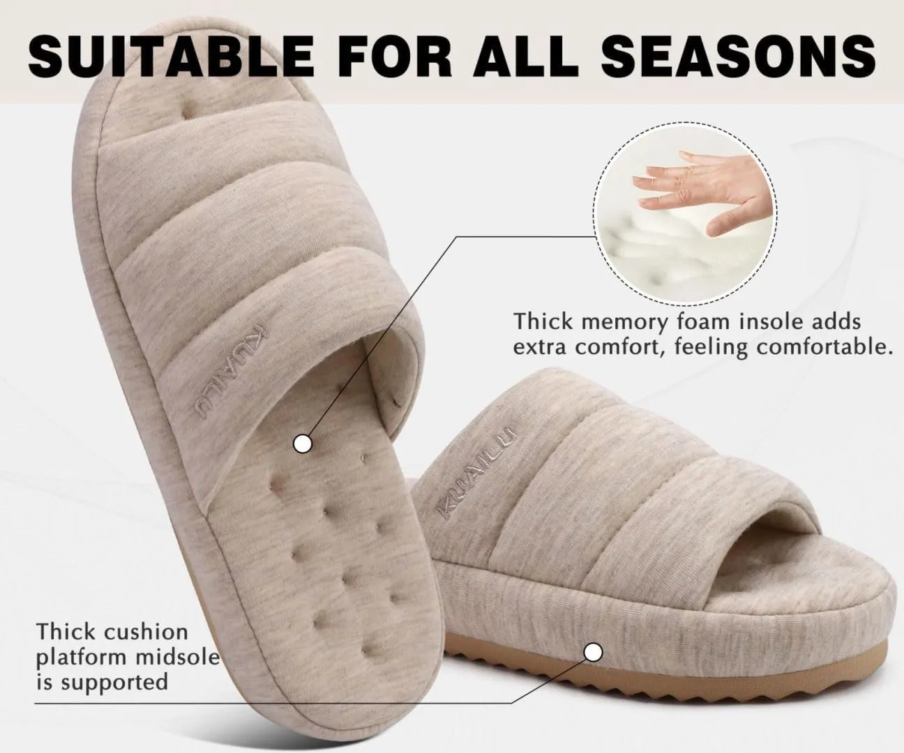 KuaiLu Men's Fashion Quilted Cotton-blend Fabric Sandal Slippers Cozy Memory Foam Indoor/Outdoor House Shoes with Lightweight Soft Cushion Footbed Hard Rubber Sole