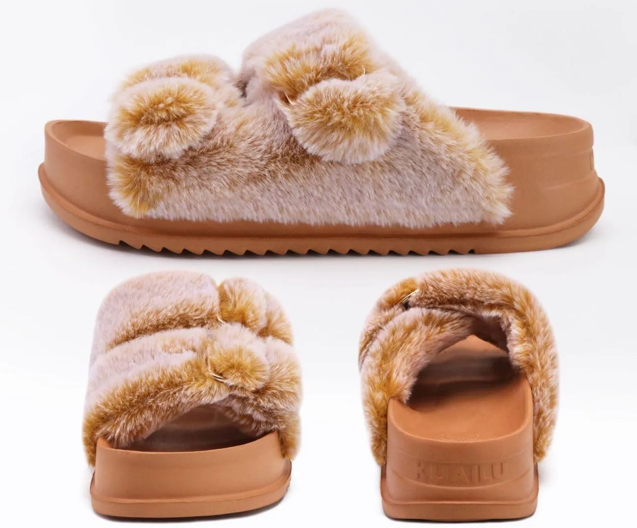 KuaiLu Women's Fluff Slippers Plantar Fasciitis Arch Support Platform Slippers Ladies Fashion Open Toe Faux Fur Sliders Womens House Slipper Size 6-12