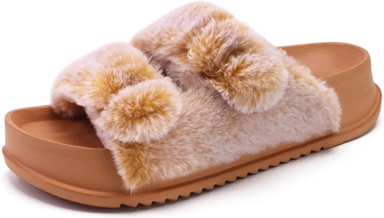 KuaiLu Women's Fluff Slippers Plantar Fasciitis Arch Support Platform Slippers Ladies Fashion Open Toe Faux Fur Sliders Womens House Slipper Size 6-12