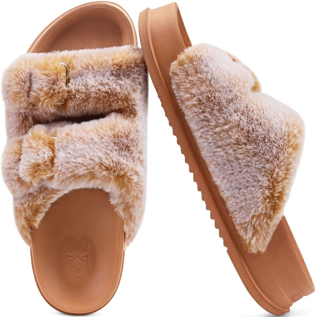 KuaiLu Women's Fluff Slippers Plantar Fasciitis Arch Support Platform Slippers Ladies Fashion Open Toe Faux Fur Sliders Womens House Slipper Size 6-12