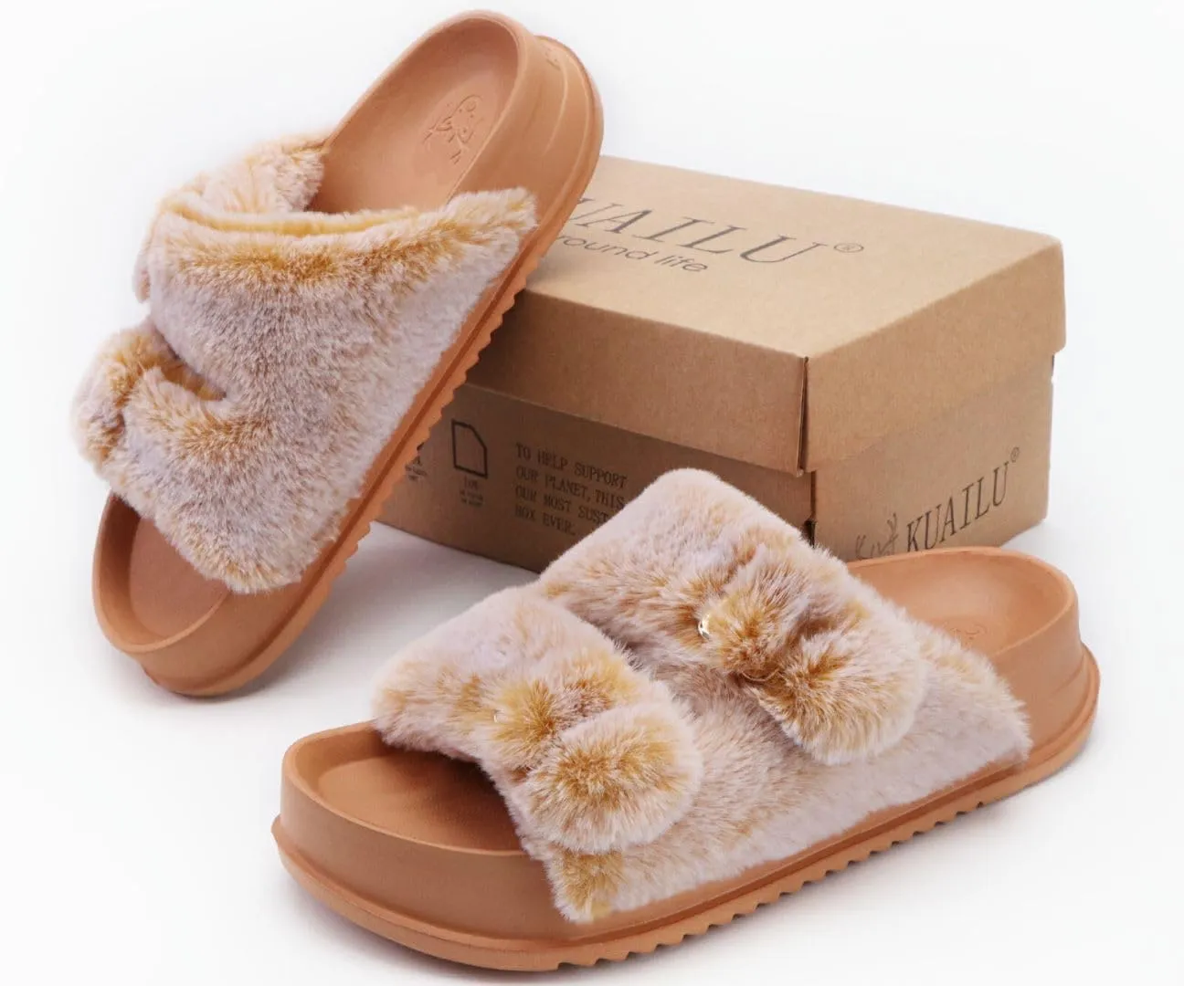 KuaiLu Women's Fluff Slippers Plantar Fasciitis Arch Support Platform Slippers Ladies Fashion Open Toe Faux Fur Sliders Womens House Slipper Size 6-12