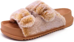 KuaiLu Women's Fluff Slippers Plantar Fasciitis Arch Support Platform Slippers Ladies Fashion Open Toe Faux Fur Sliders Womens House Slipper Size 6-12