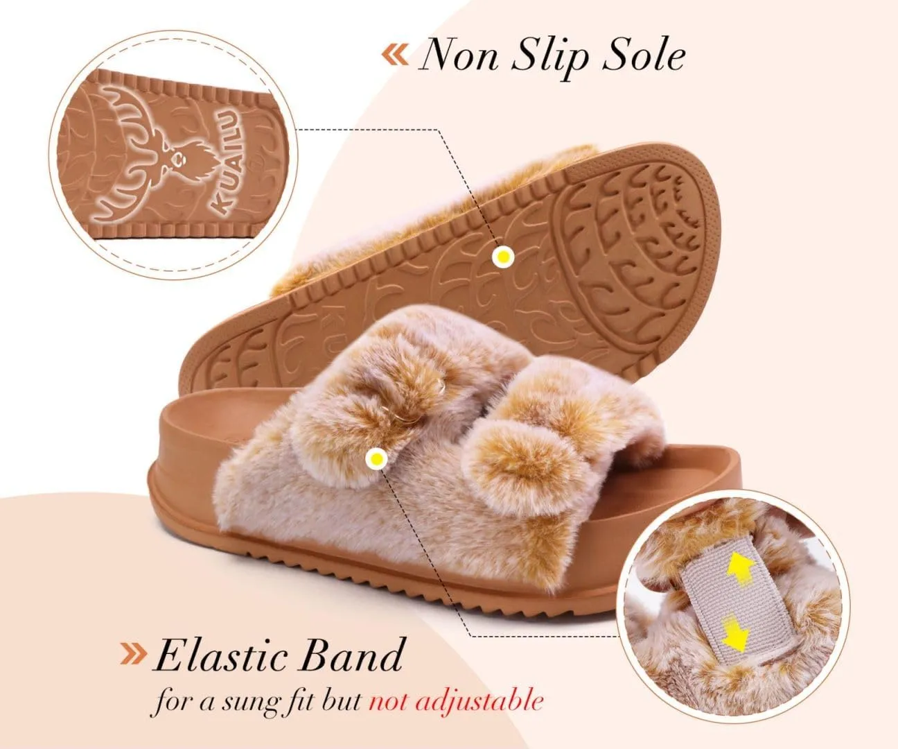 KuaiLu Women's Fluff Slippers Plantar Fasciitis Arch Support Platform Slippers Ladies Fashion Open Toe Faux Fur Sliders Womens House Slipper Size 6-12