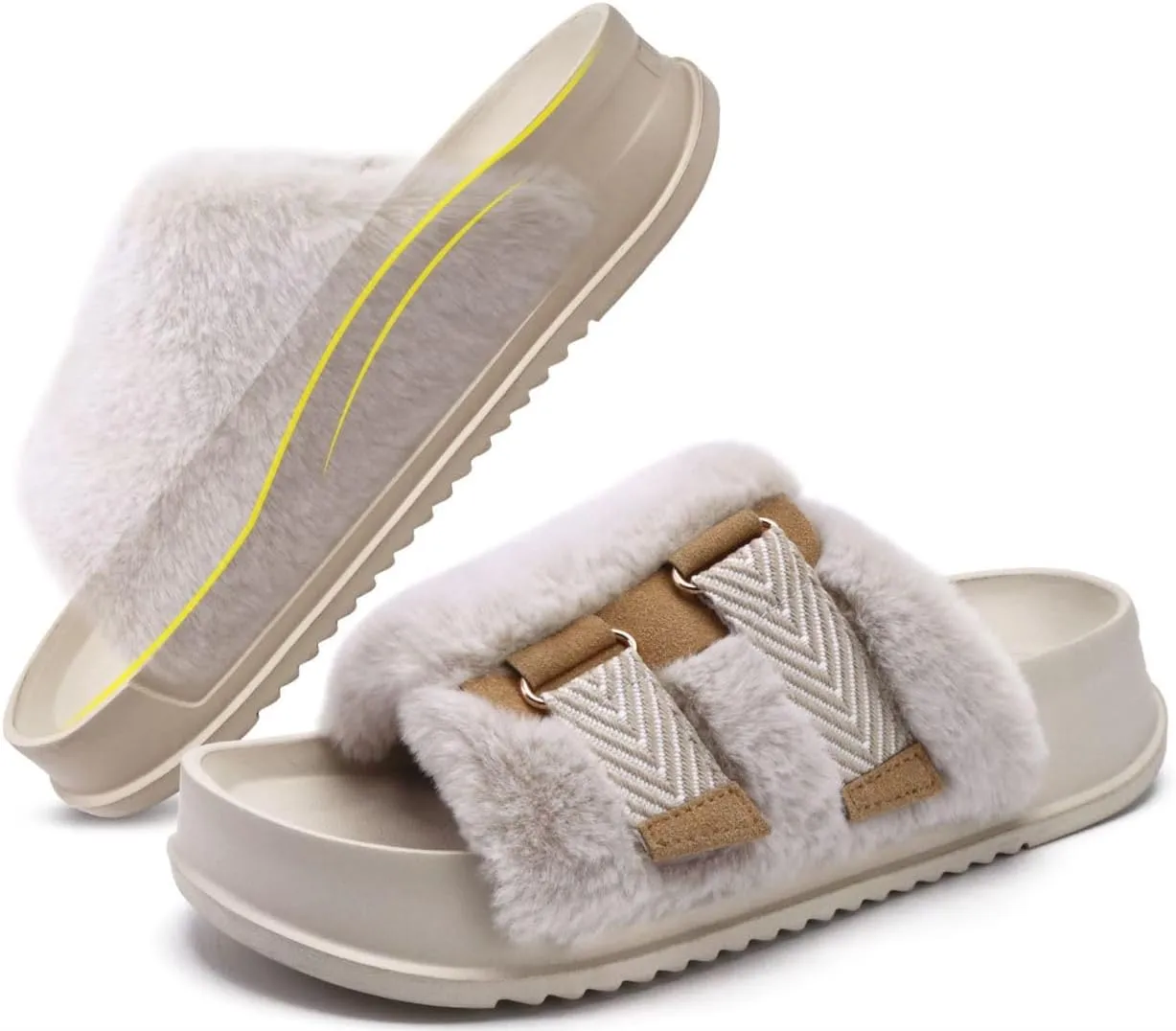 KuaiLu Women's Orthotic Slippers With Arch Support Soft Cushion Sandal Slippers for Woman Ladies Fashion Open Toe Faux Fur Platform Slipper Indoor Outdoor Size 6~12