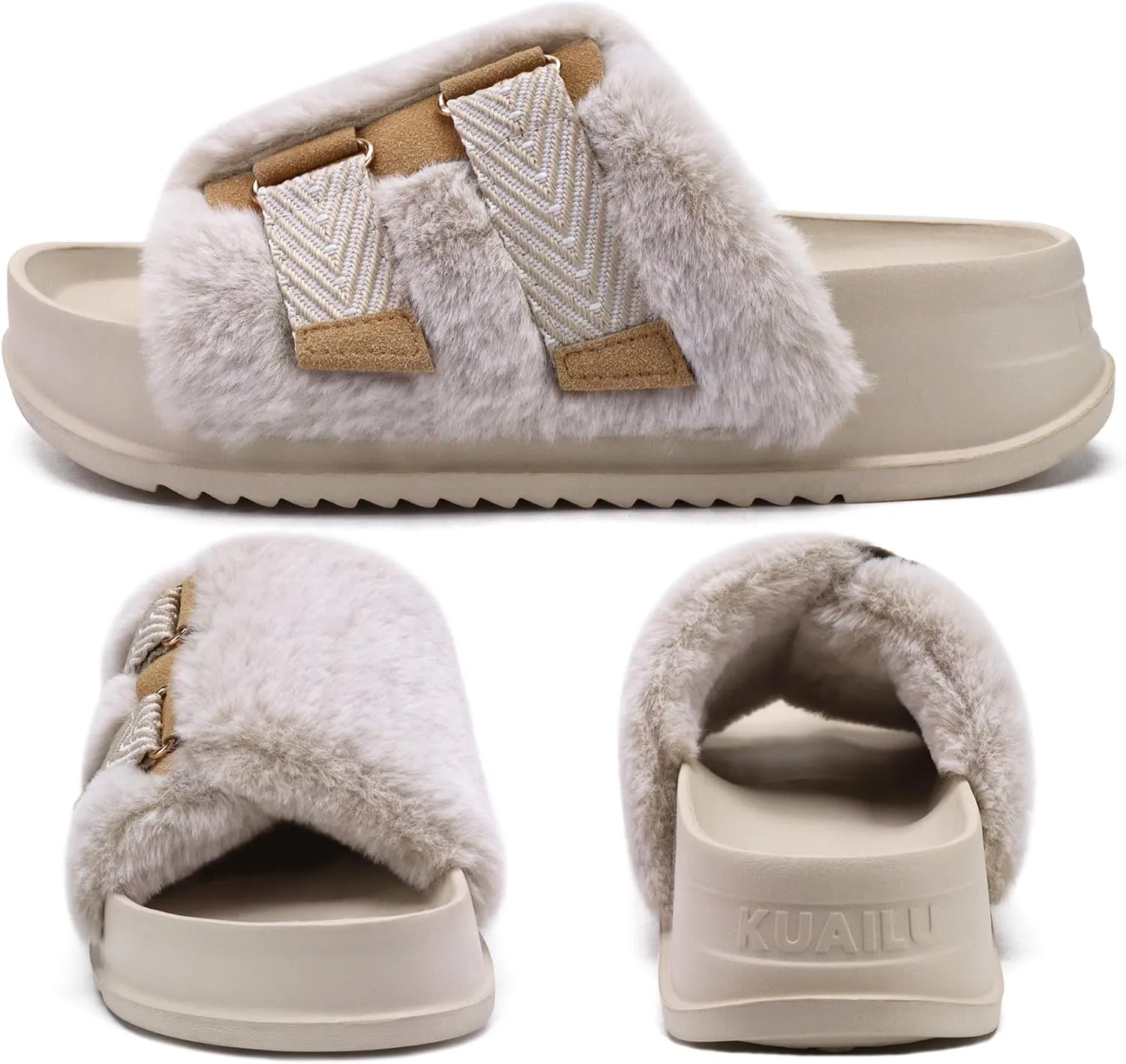 KuaiLu Women's Orthotic Slippers With Arch Support Soft Cushion Sandal Slippers for Woman Ladies Fashion Open Toe Faux Fur Platform Slipper Indoor Outdoor Size 6~12