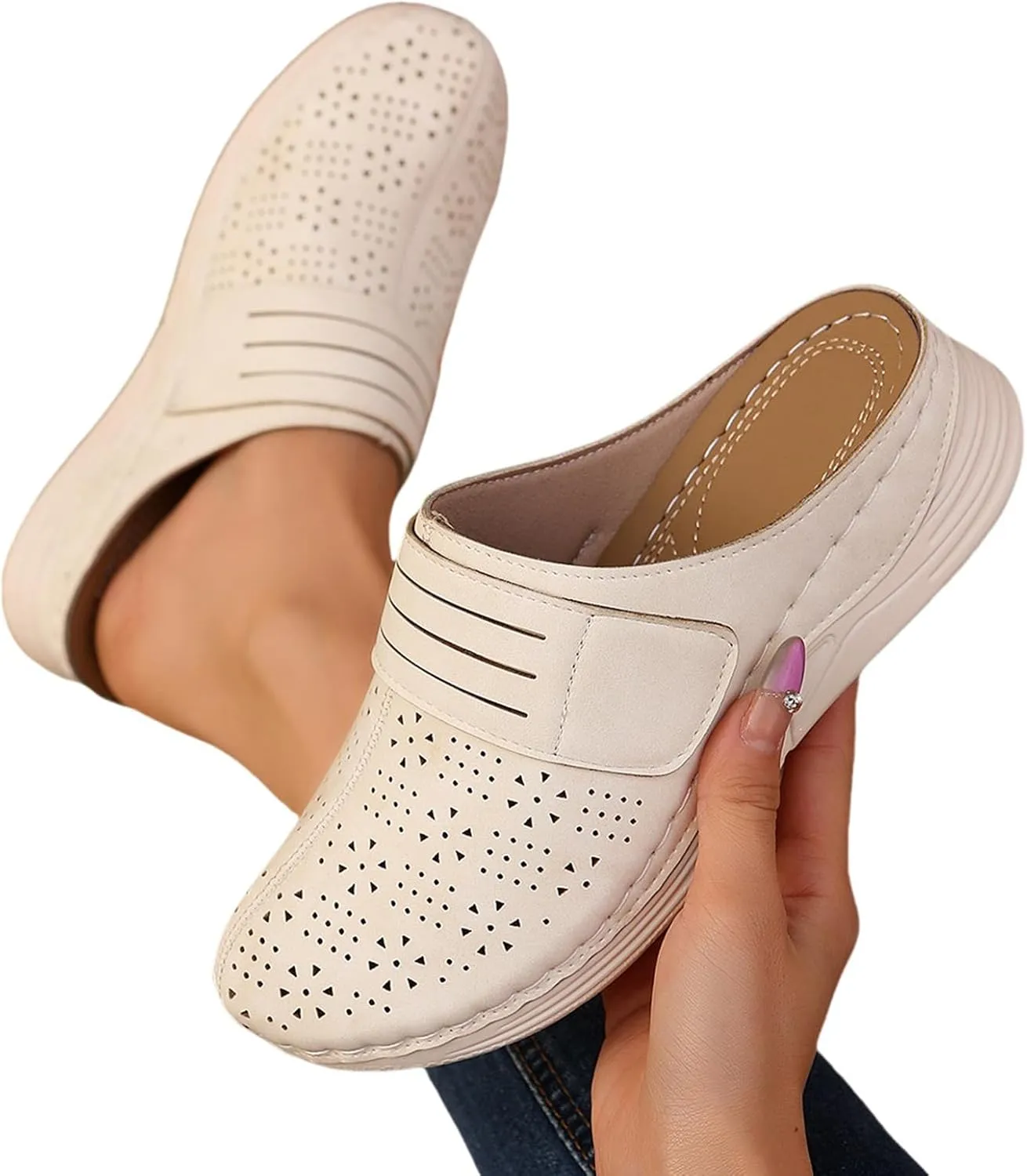 Kubbon Clogs for Womens Slip-On Flat Mule Shoes Comfortable Outdoor Mule Orthopedic Leather Clog Breathable Closed Toe Sandals Summer Wedge Shoes