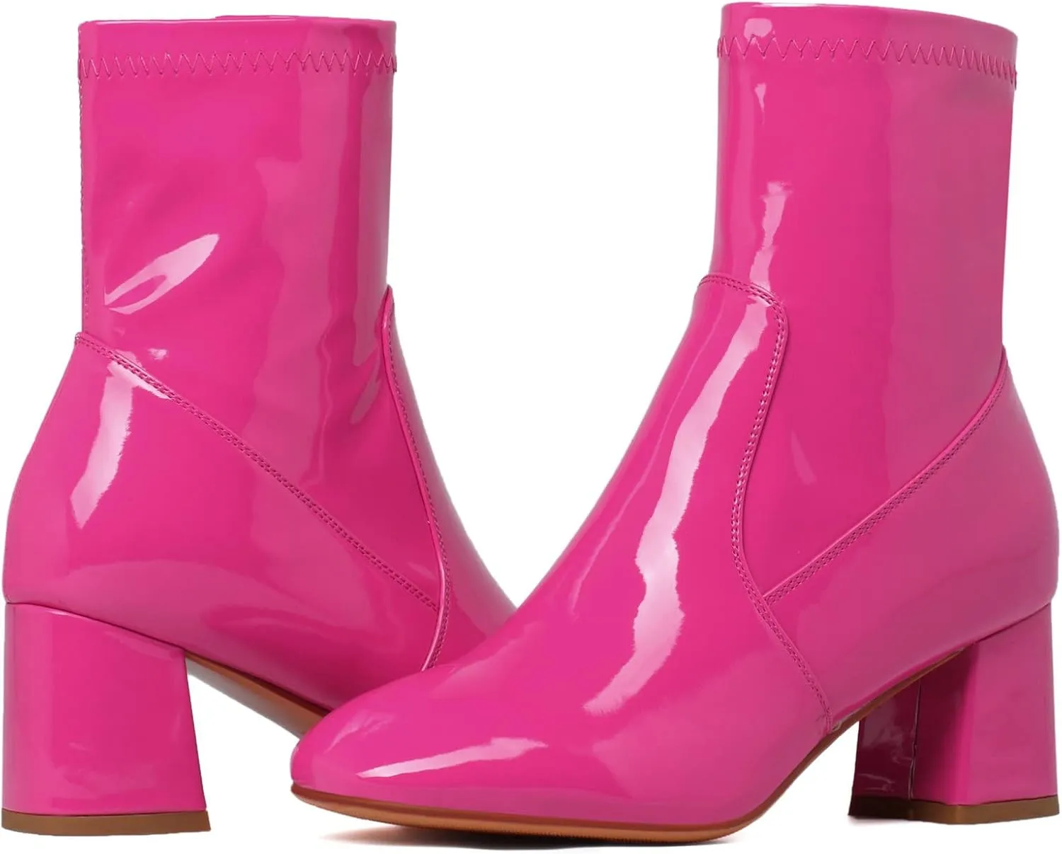 KysBloes Women Patent Leather GOGO Boots Square Toe Chunky Heel Ankle Boots Side Zip Block Heel Winter Booties