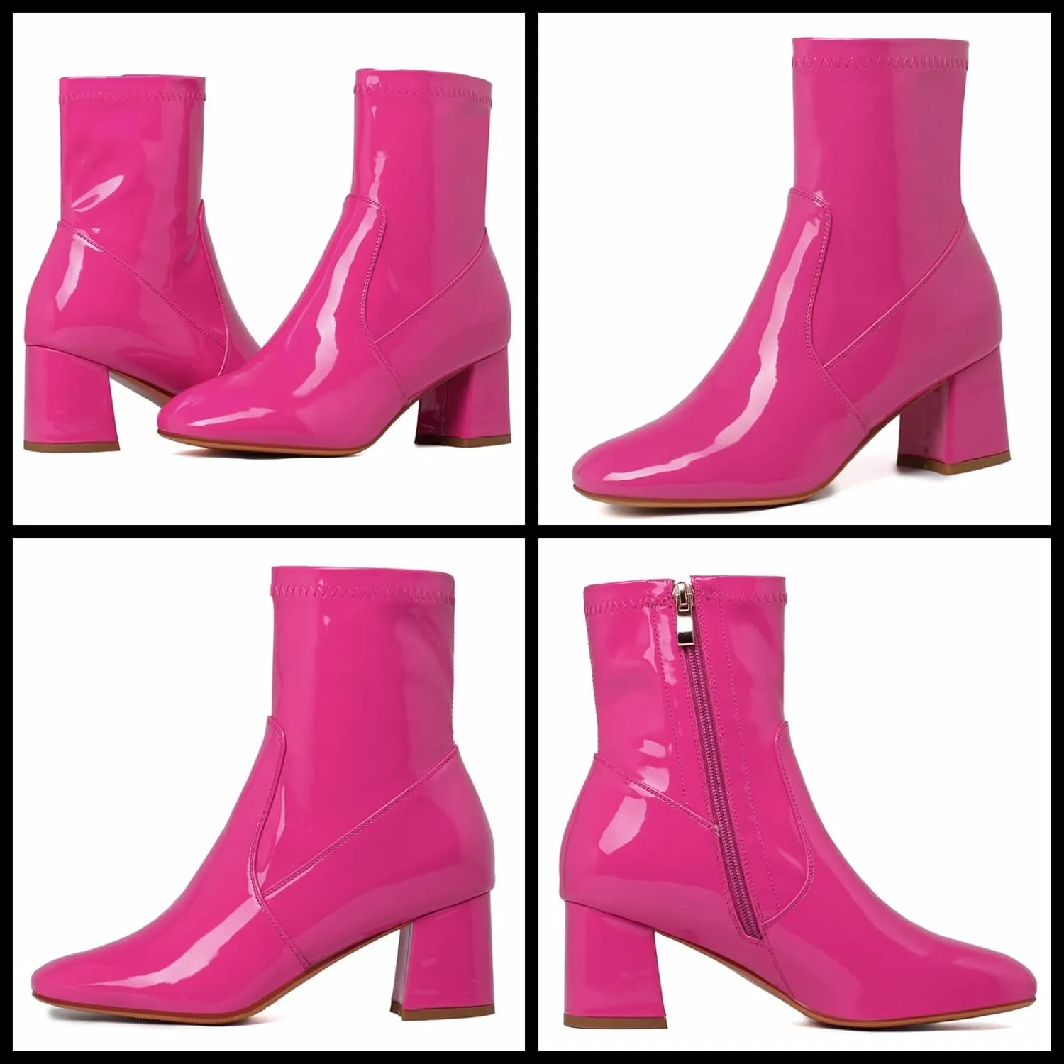 KysBloes Women Patent Leather GOGO Boots Square Toe Chunky Heel Ankle Boots Side Zip Block Heel Winter Booties