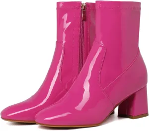 KysBloes Women Patent Leather GOGO Boots Square Toe Chunky Heel Ankle Boots Side Zip Block Heel Winter Booties