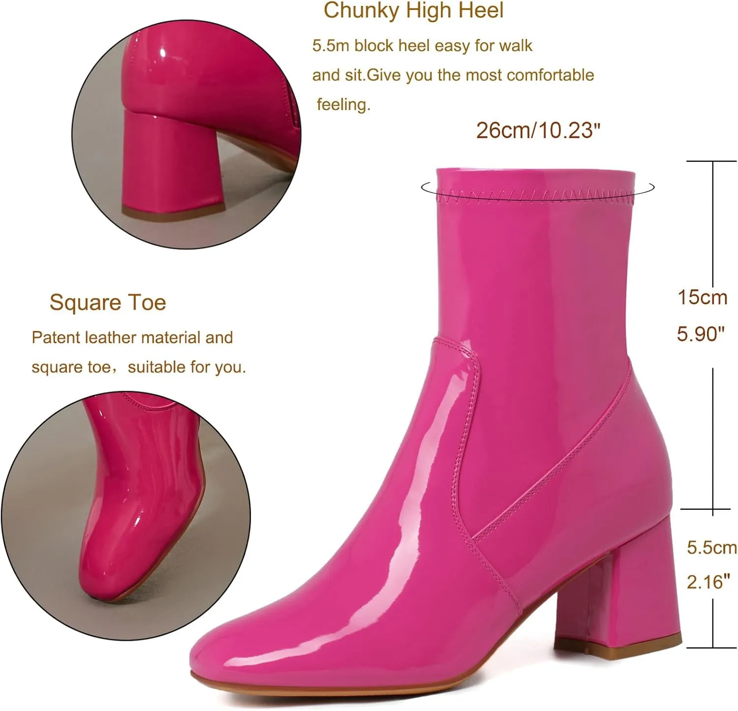 KysBloes Women Patent Leather GOGO Boots Square Toe Chunky Heel Ankle Boots Side Zip Block Heel Winter Booties