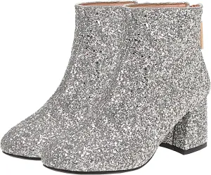 KysBloes Womens Sparkly Ankle Boots Chunky Heel Glitter Booties Closed Toe Block Heel Dress Winter Shoes