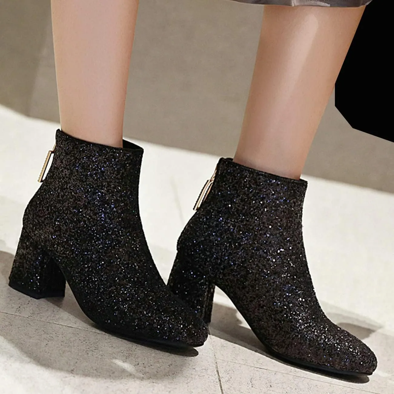 KysBloes Womens Sparkly Ankle Boots Chunky Heel Glitter Booties Closed Toe Block Heel Dress Winter Shoes