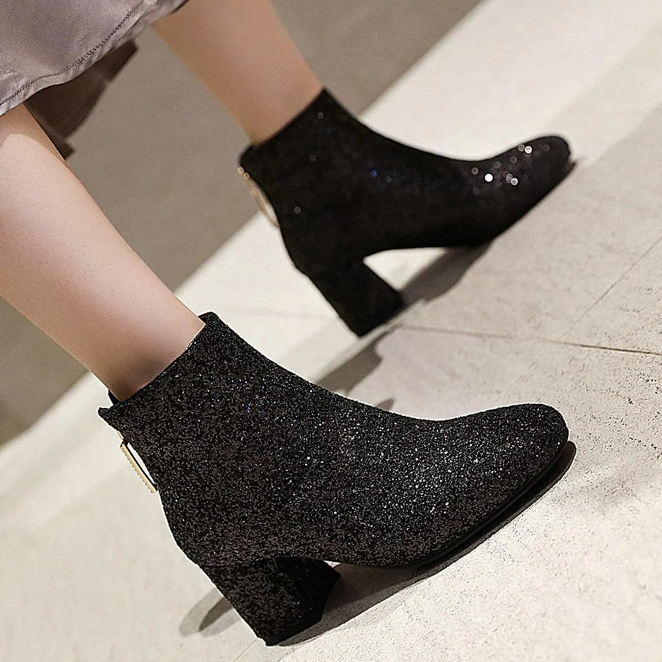 KysBloes Womens Sparkly Ankle Boots Chunky Heel Glitter Booties Closed Toe Block Heel Dress Winter Shoes