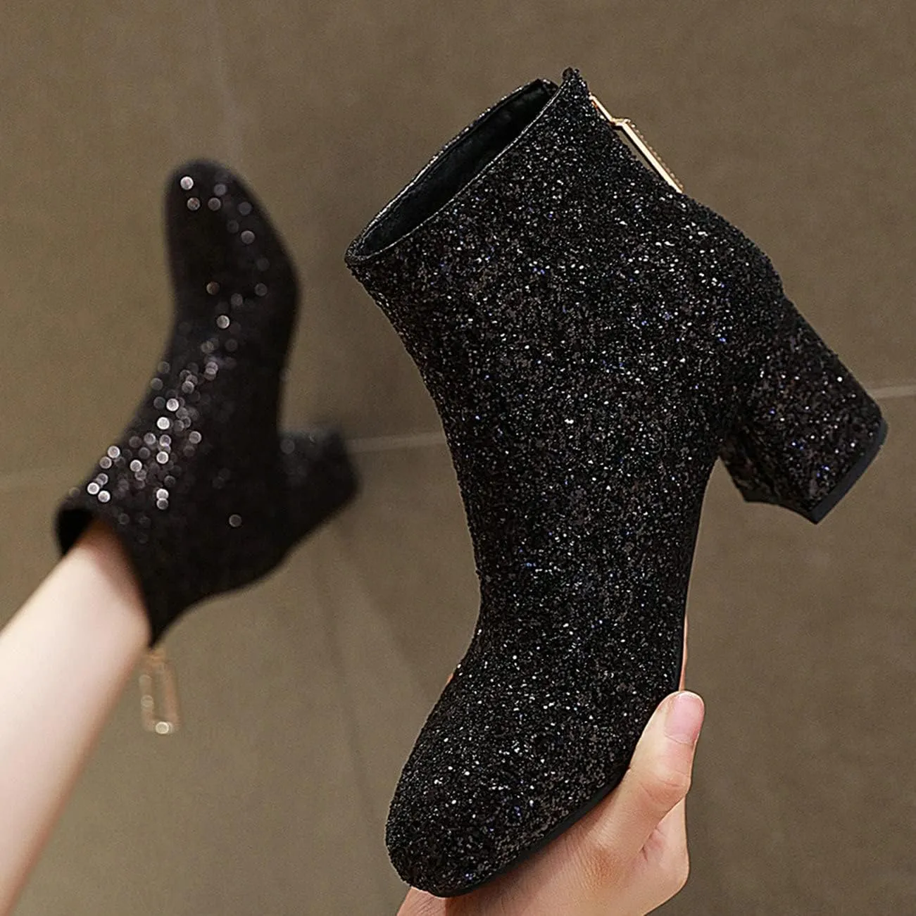 KysBloes Womens Sparkly Ankle Boots Chunky Heel Glitter Booties Closed Toe Block Heel Dress Winter Shoes