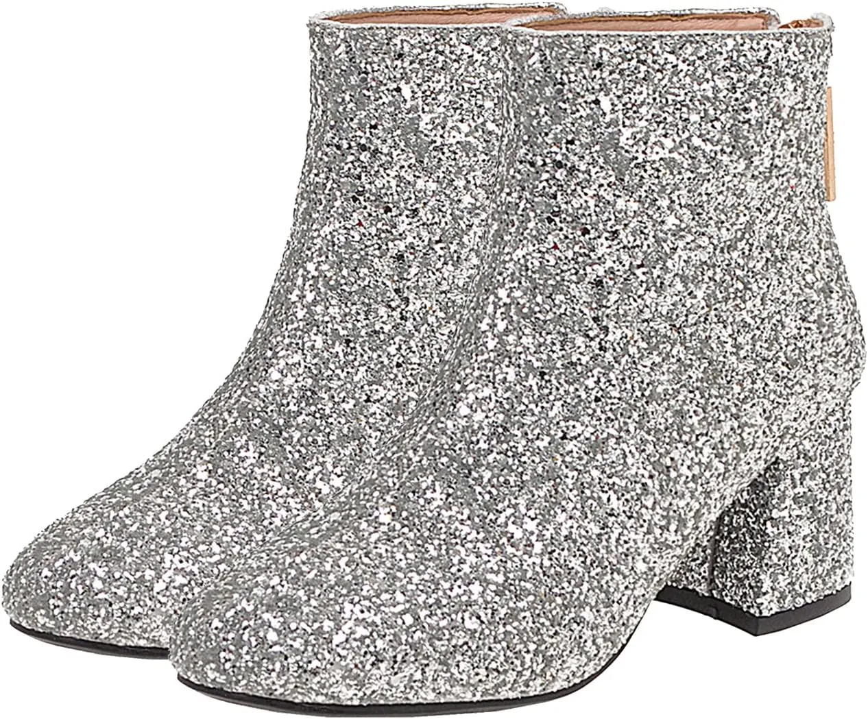 KysBloes Womens Sparkly Ankle Boots Chunky Heel Glitter Booties Closed Toe Block Heel Dress Winter Shoes